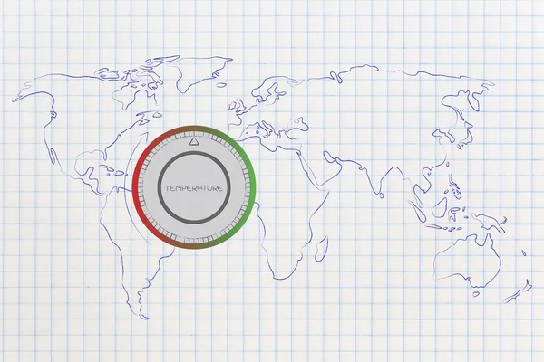 Världskarta med termostat, globala uppvärmningen & klimatförändringar — Stockfoto