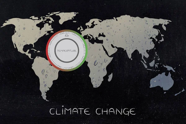 Mapa del mundo con termostato, calentamiento global y cambio climático — Foto de Stock