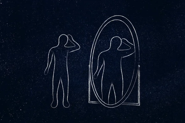 Thin person looking in the mirror and seeing himself as overweig — Stock Image Thin person looking in the mirror and seeing himself as overweig Stock Photo