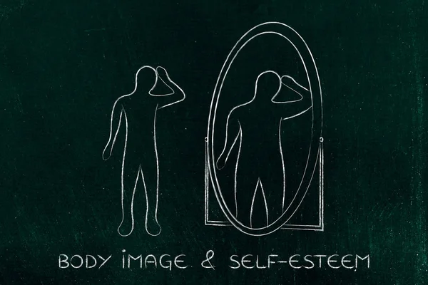 Thin person looking in the mirror and seeing himself as overweig — Stock Image Thin person looking in the mirror and seeing himself as overweig Stock Image