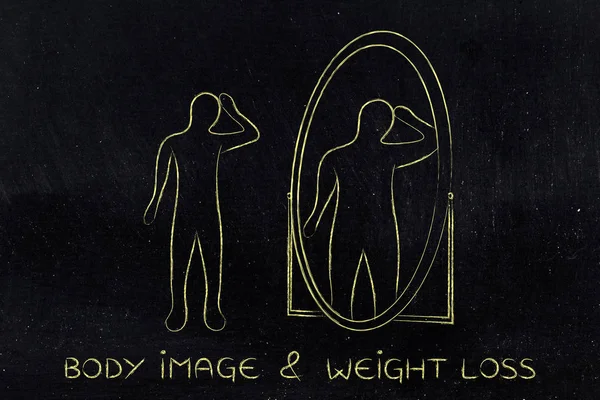 Thin person looking in the mirror and seeing himself as overweig — Stock Image Thin person looking in the mirror and seeing himself as overweig Stock Image