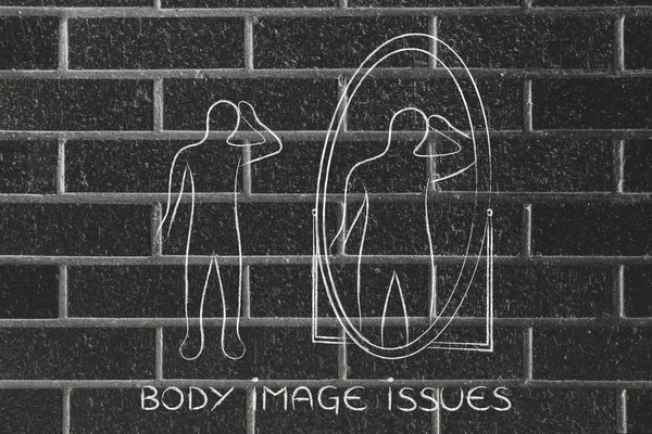Thin person looking in the mirror and seeing himself as overweig — Stock Image Thin person looking in the mirror and seeing himself as overweig Royalty Free Stock Photos
