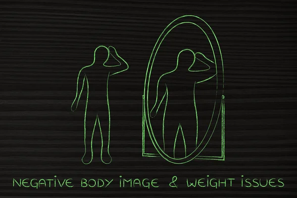Thin person looking in the mirror and seeing himself as overweig — Stock Image Thin person looking in the mirror and seeing himself as overweig Royalty Free Stock Photos
