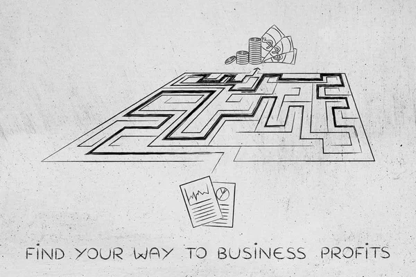 Des plans d'affaires à l'obtention de profits, métaphore labyrinthe — Photo