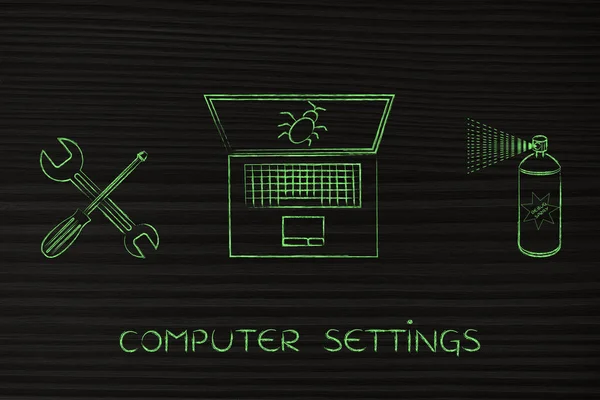 Τον καθορισμό του υπολογιστή σας, φορητό υπολογιστή με κλειδί & bug σπρέι — Φωτογραφία Αρχείου
