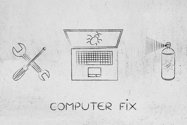 La fijación de su ordenador, ordenador portátil con llave inglesa & spray de errores —  Fotos de Stock