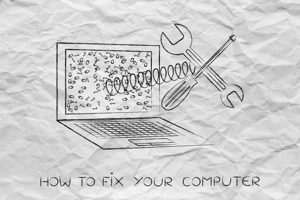 修理你的计算机，用扳手上跃出屏幕的笔记本电脑 — 图库照片
