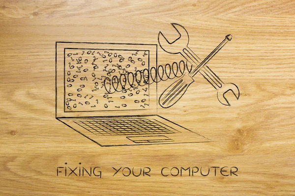 Ремонт компьютера, ноутбука с гаечным ключом на пружине вне экрана — стоковое фото