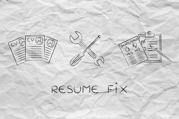 fixing your resume cv papers with wrench screwdriver stock
