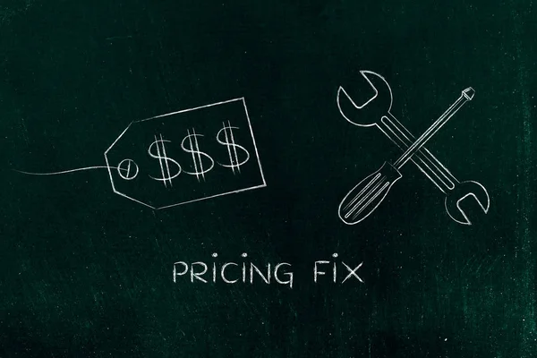Fijar su estrategia de precios, etiqueta de precio con llave inglesa y destornillador —  Fotos de Stock