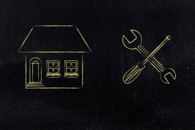 evin yanında İngiliz anahtarı ve tornavida simgesi, DIY projeler