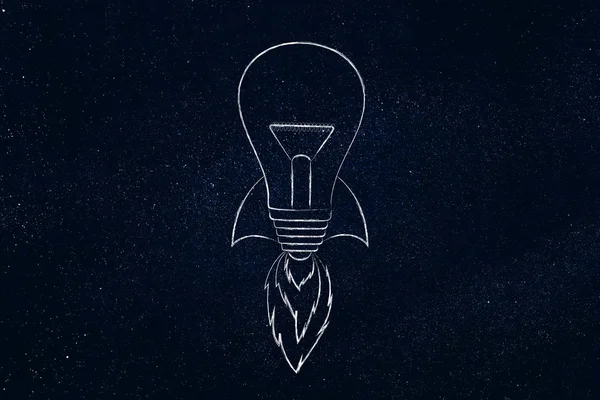 Запуск новых идей: лампочка с установкой ракет — стоковое фото