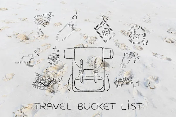 Tatil Planlama, sırt çantası ve seyahat simgeler — Stok fotoğraf