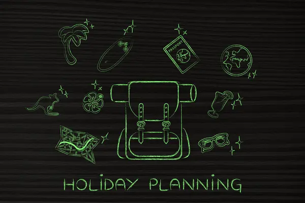 Holiday planning, backpack & travel icons — Stock Photo, Image