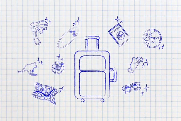 Планування відпустки, багаж та іконки подорожей — стокове фото