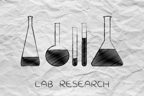Fileiras de laboratório com líquidos, ciência e química — Fotografia de Stock