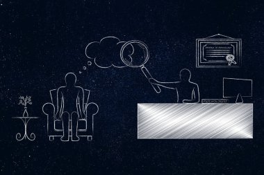 Hastanın düşünceler büyüteç ile analiz psikolog