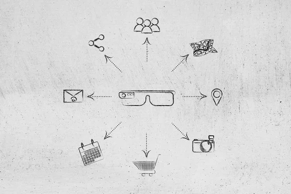 Usuario de gafas de realidad aumentada rodeado de iconos de aplicaciones giratorias — Foto de Stock