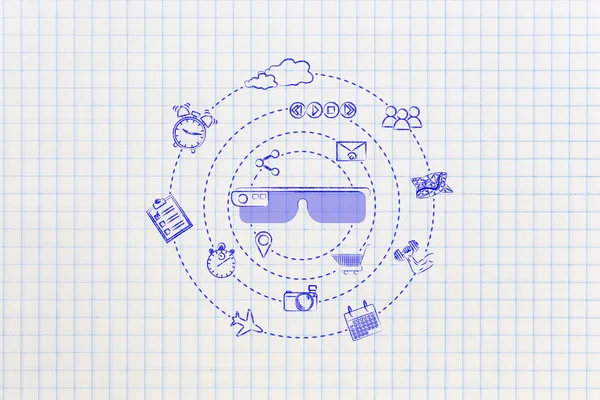 Occhiali realtà aumentata circondato da icone di filatura app — Foto Stock