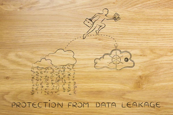 Hombre de negocios saltando con documentos de inseguro a seguro servicio de la nube —  Fotos de Stock
