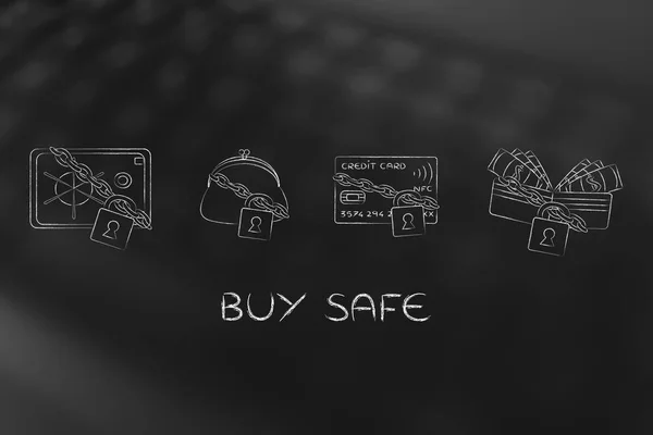 信用卡的钱包钱包 & 安全与锁和链条 — 图库照片