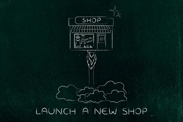 Lançamento de uma loja nova, uma lojinha a voar como um foguetão — Fotografia de Stock