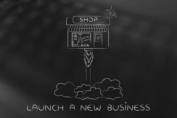 Открытие нового магазина, маленький магазин летит, как ракета — стоковое фото