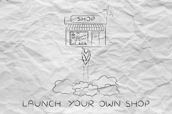 New store launch, little shop flying like a rocket — Stock Photo, Image