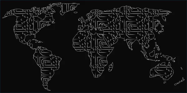 Vetor de mapa mundial feito de circuitos eletrônicos de microchips — Vetor de Stock