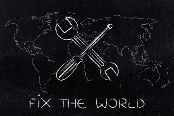Skiftnyckel och skruvmejsel med världskartan overlay, fixa världen — Stockfoto