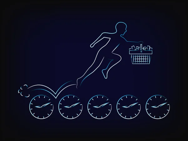 時計、限られた時間のダンス パーティーで実行されているショッピングカートを持つ顧客 — ストックベクタ