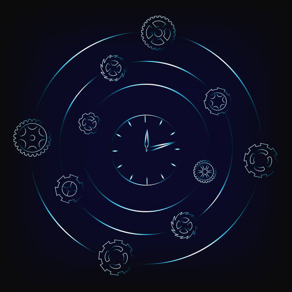 clock surrounded by spinning gearwheels and cogwheels