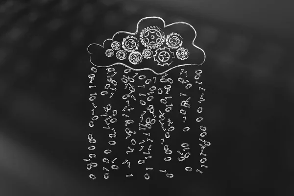 Nube con mecanismo de engranaje annd código binario lluvia — Foto de Stock