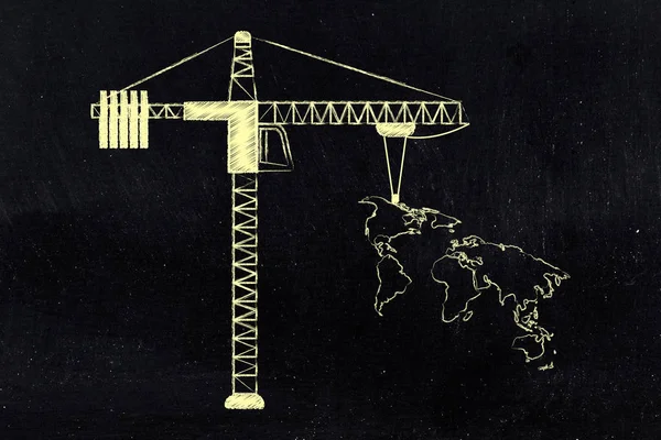 Dünya Haritası kaldırma inşaat Vinçler — Stok fotoğraf