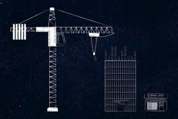 Башня кран здание огромный торговый центр рядом с небольшим магазином углу — стоковое фото