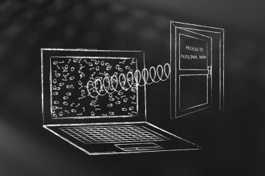 laptop açık metin kişi ile ekranın dışarı haşhaş kapı ile