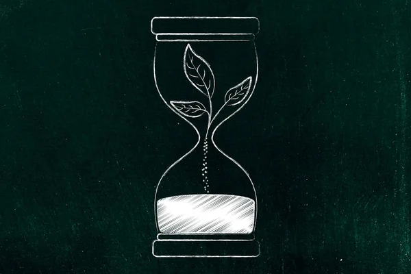 Hourglass with leaves turning into sand, act fast for the enviro — Stock Photo, Image