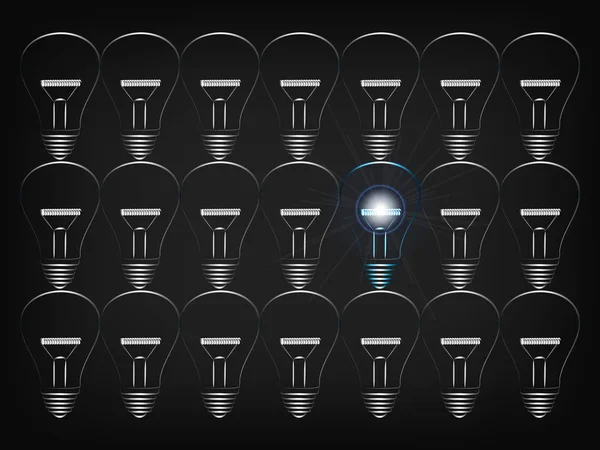 Группа светящихся лампочек, выключенных только одной сияющей — стоковый вектор