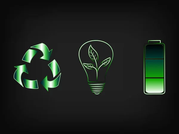 Recycle logo next to leaves lightbulb and green battery,renewabl — Stock Vector