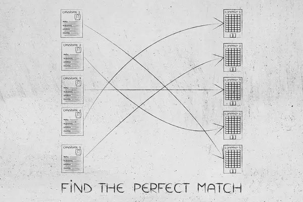 Groups of candidate resumes and companies matched by arrows — Stock Photo, Image