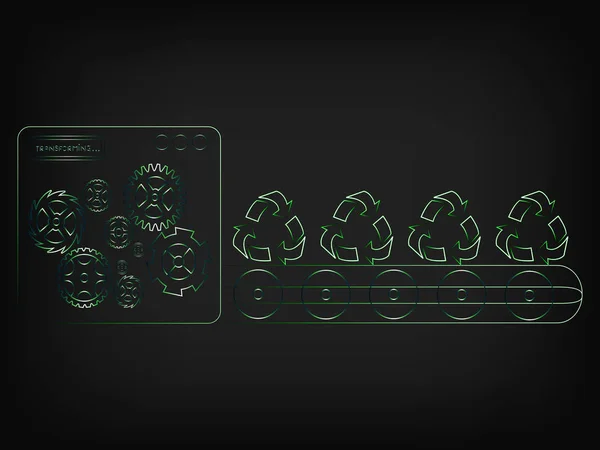 Máquina de fábrica verde com ícones de reciclagem na linha de produção —  Vetores de Stock