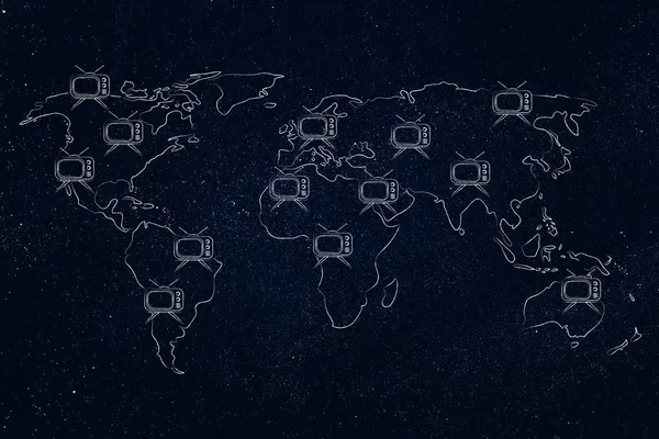 Wereldkaart met televisieschermen overal, wereldwijd publiek — Stockfoto