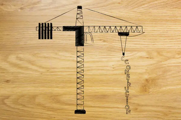 Testo di costruzione in costruzione da una gru a torre — Foto Stock
