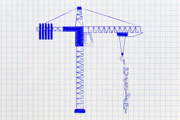 Investeringen tekst wordt gebouwd door een toren kraan — Stockfoto