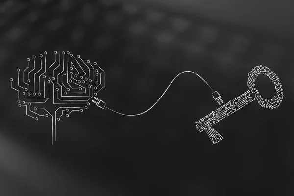 Key and brain made of electronic circuits connected to each othe — Stock Photo, Image