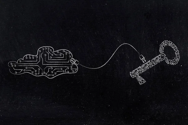 Llave y nube de circuitos electrónicos conectados entre sí —  Fotos de Stock