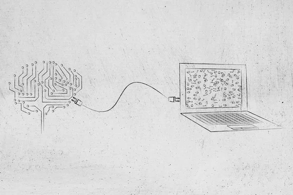 Brain made of electronic circuits connected to a laptop with a p — Stock Photo, Image