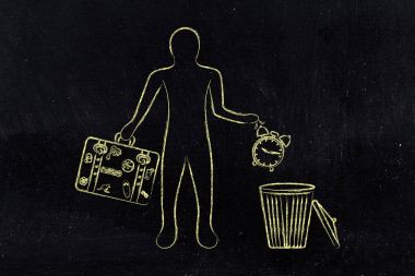 Alarm saatini çöpe atma ve bir tatil için bırakarak bir adam