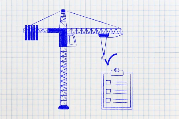 Turmdrehkran installiert ein Häkchen über einer To-do-Liste und erreicht — Stockfoto