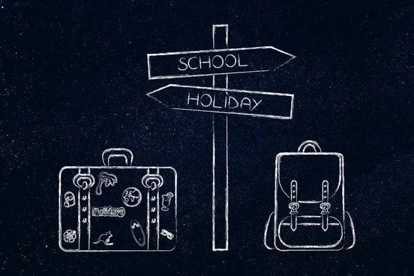 Escuela vs Cartel de la calle de vacaciones junto a la bolsa de viaje y b del estudiante — Foto de Stock